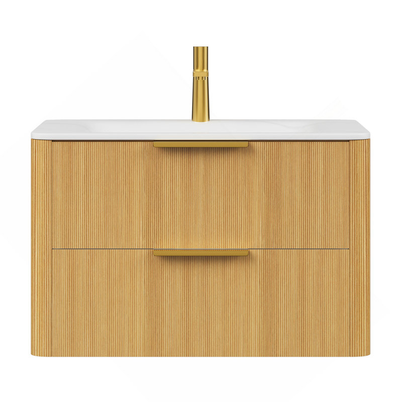 Meuble-lavabo de 30 po avec lavabo, armoire de rangement flottante en contreplaqué avec tiroirs, lavabo intégré en pierre frittée blanche Carrara