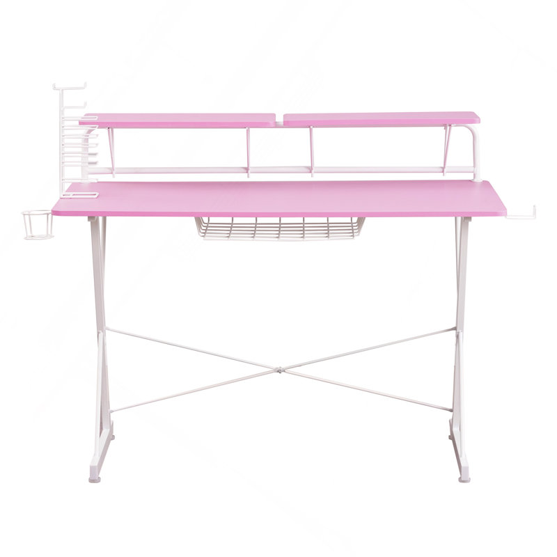 Techni Sport TS-200 Carbon Computer Gaming Desk With Shelving, Pink, Pink/White