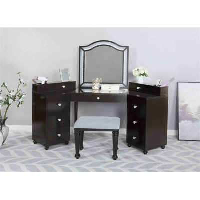 Glam Style 1Pc Vanity W/ Stool Set 8Mm Glass Top Storage Drawers LED On Mirror Obsidian Gray Finish Bedroom Furniture