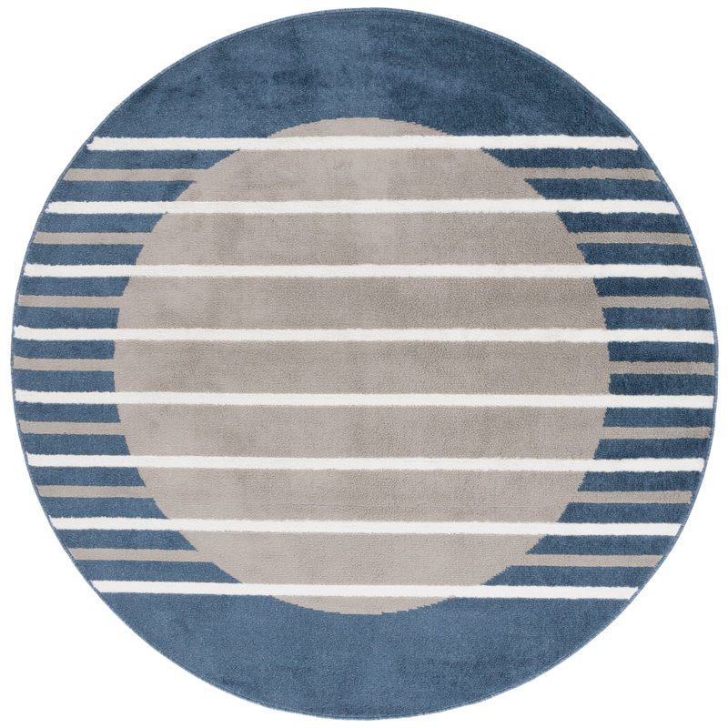 Tapis bleu / beige en polypropylène tissé à la machine Bedoya, Rond 6 pi 7 po