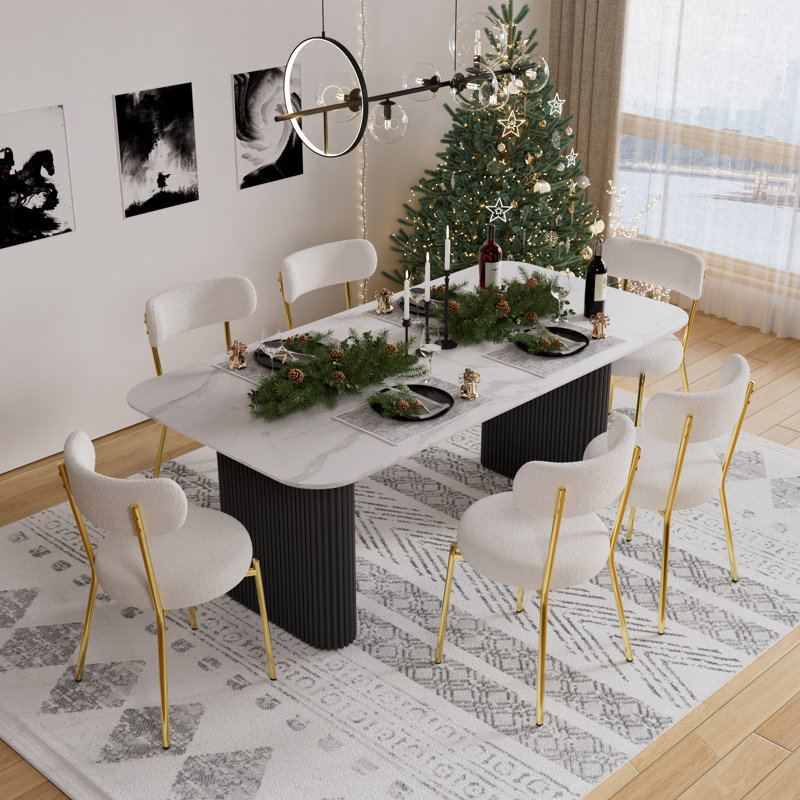 Ensemble de salle à manger rectangulaire à double piédestal avec table de salle à manger de style crème, Noir, 7