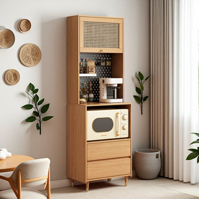 Medieval Style Solid Wooden Rattan Storage Food Cabinet