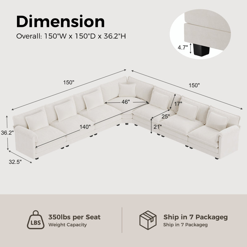 Canapé modulaire en L rembourré en forme de L avec tissu de chenille, Chenille beige, H 36,2 po x l 150 po x P 150 po