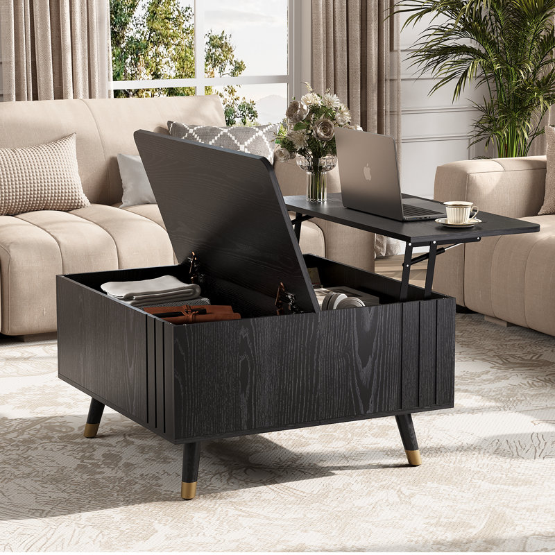 Table basse à plateau relevable avec rangement, tables basses carrées de 31,5 po avec plateau relevable, table centrale moderne Mid-Century avec compartiment caché pour bureau personnel, salon, noir