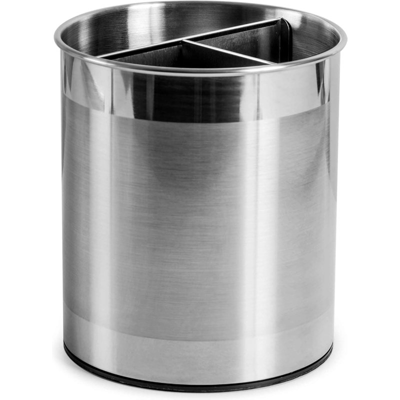 Rotating Extra Large Stainless Steel Utensil Holder (with Weighted Base, Removable Divider, Gripped Insert, Dishwasher Safe)