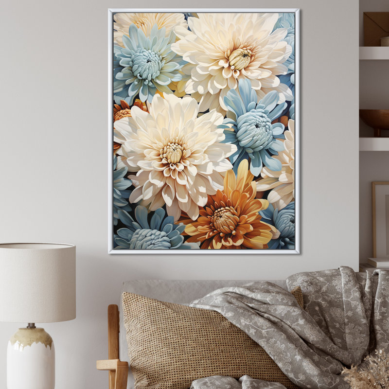«Mums White and Blue Elegance III», reproduction sur toile, Cadre flottant blanc, H 32 po x l 24 po x P 1 po