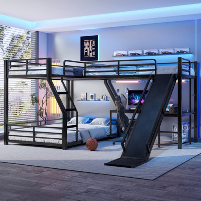 L-Shaped Triple Bunk Bed with Slide and USB Ports, Space-Saving and Noise-Free Design, Ideal for Large Families and Guests