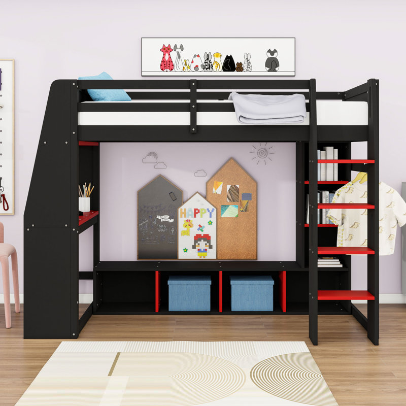Lit mezzanine en bois avec bureau éclairé par DEL, tablettes et portemanteau suspendu, Simple, Noir