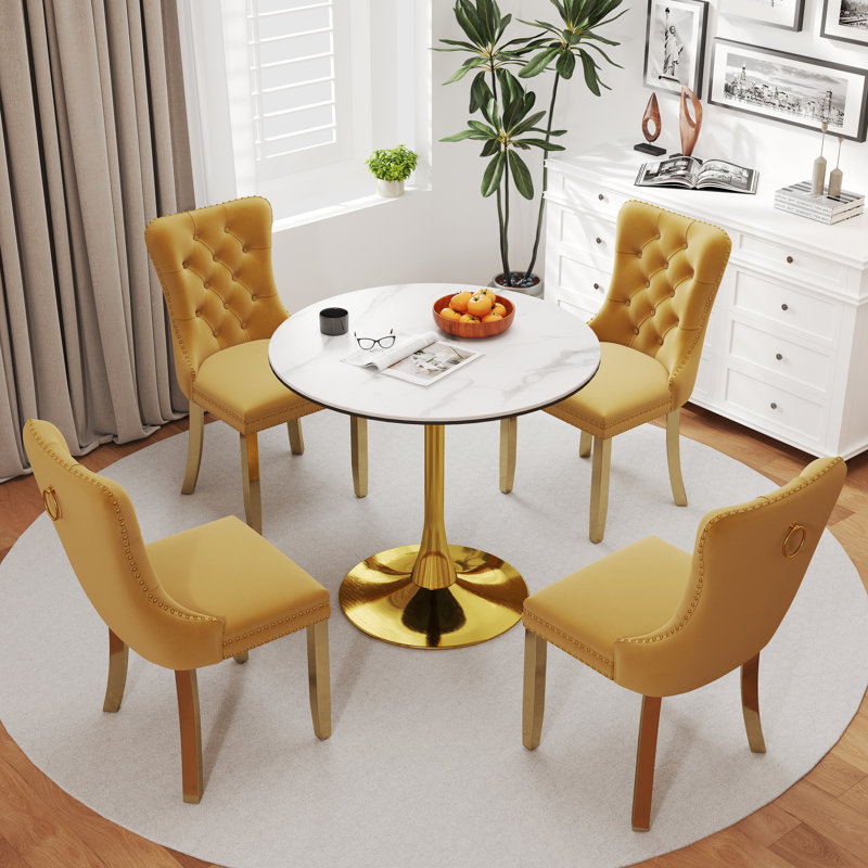 32in Round Pedestal Dining Set, Yellow, 3
