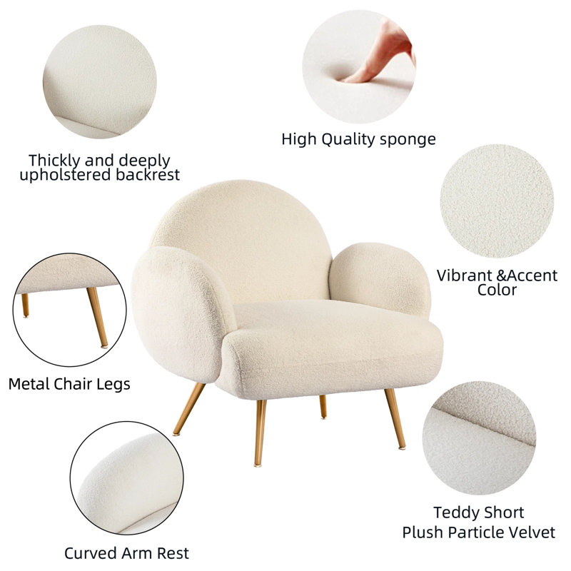Accent Sherpa Chair Comfy Modern Living Room Chair Fabric Mid Century Bedroom Chair With Legs Arm Chair For Reading Bedroom Single