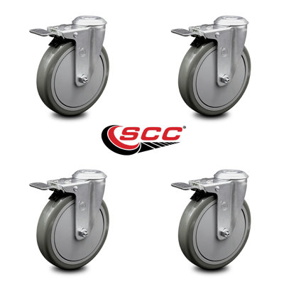6 Inch Grey Polyurethane Swivel Bolt Hole Caster Set with Total Lock Brake SCC