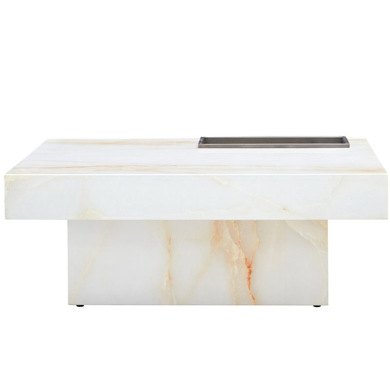 Table basse, 31,4 po x 31,4 po x 12 po, blanc perle, avec effet marbré moderne