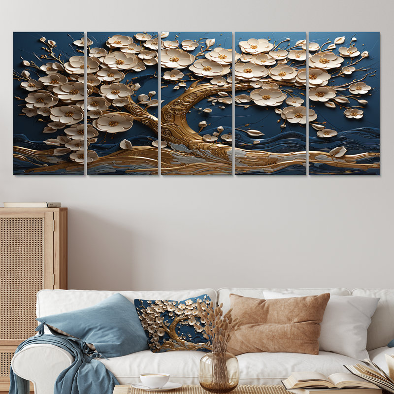Or blanc blanc et bleu, fleurs d'orchidées I - arbre, art mural 5 pièces, H 32 po x l 80 po