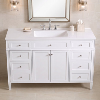 Meuble-lavabo autoportant simple de 122 cm (48 po), armoire en MDF avec 6 tiroirs et 2 portes, comptoir en composite, charnières à fermeture douce, poignées en métal argenté