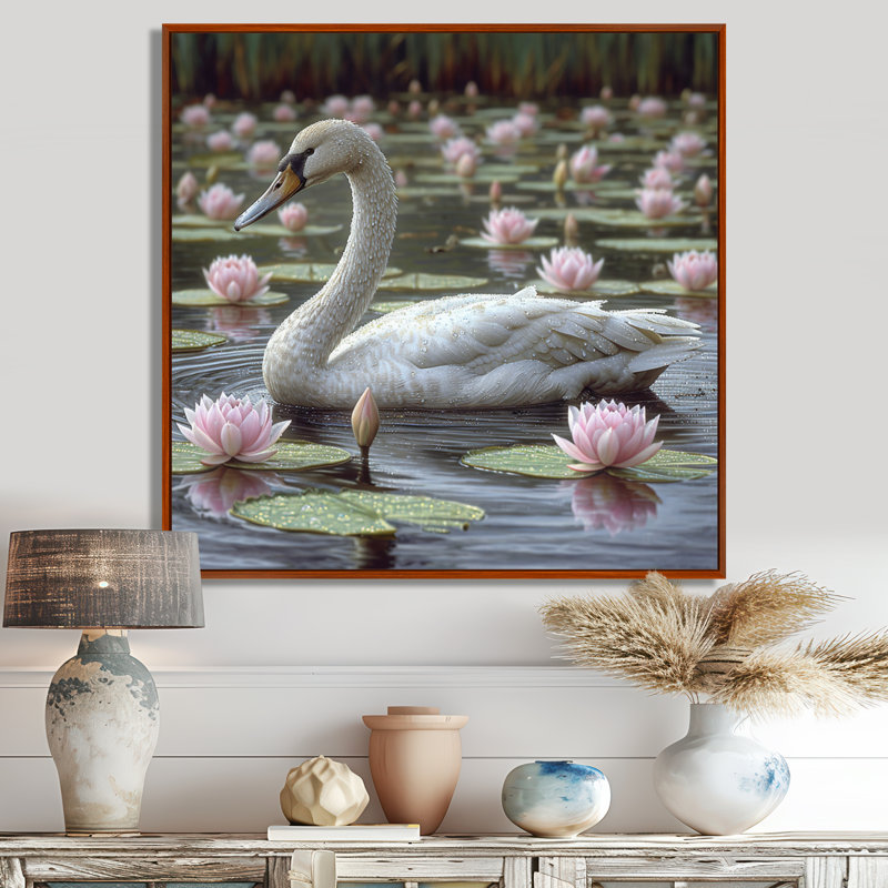Jens - Swans Animal Wall Art Living Room, Toile avec cadre flottant brun, H 30 po x l 30 po x P 1 po