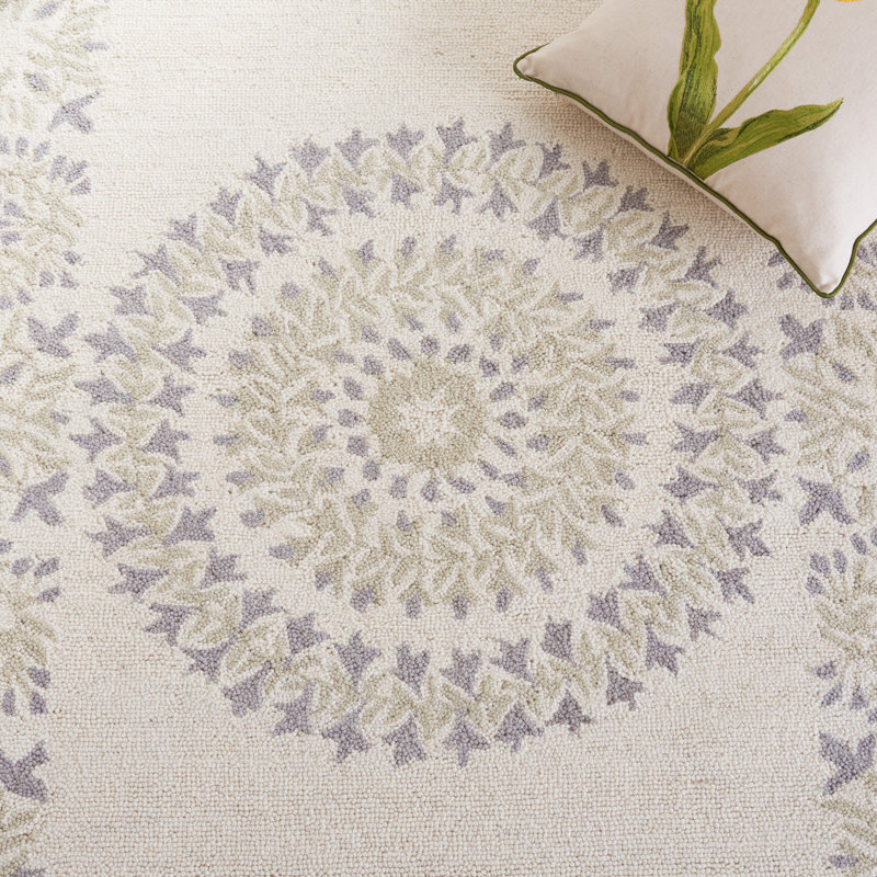 Tapis floral en laine touffeté à la main ivoire / beige, Rectangulaire 3 pi x 5 pi