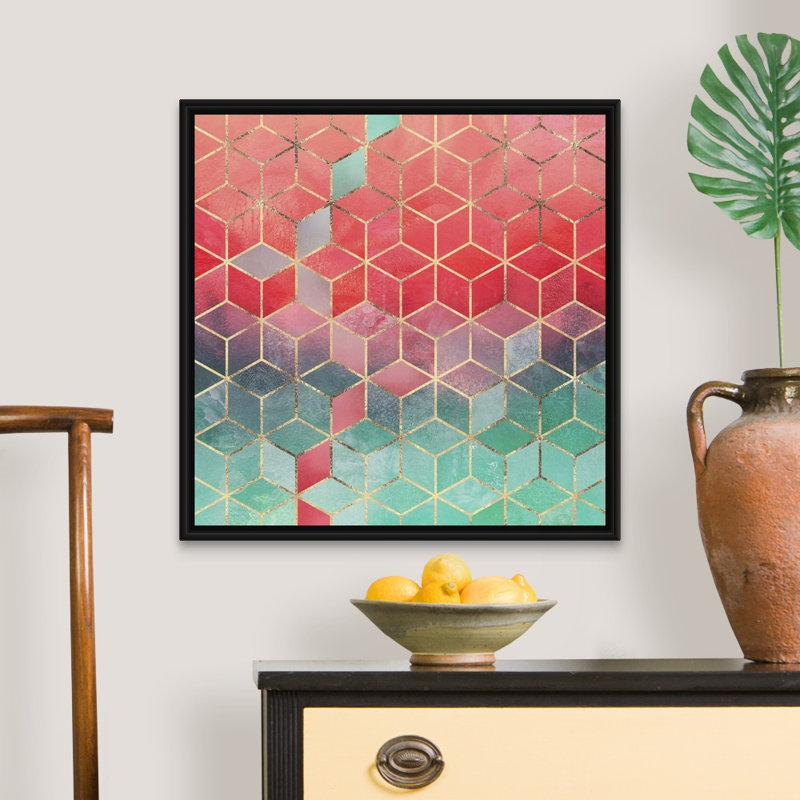 «Rose and Turquoise Cubes», reproduction d'impression sur toile, H 25,7 po x l 25,7 po x P 1,75 po, Cadre flottant noir