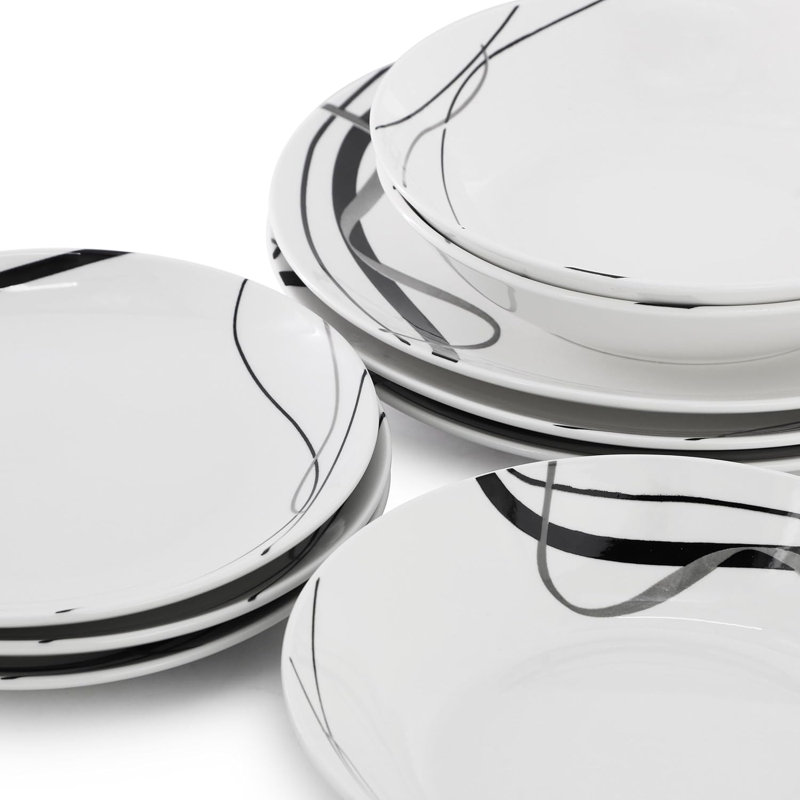 Service de vaisselle en porcelaine pour 6, assiettes et bols en ruban noir et blanc, 18 pièces allant au micro-ondes et au lave-vaisselle