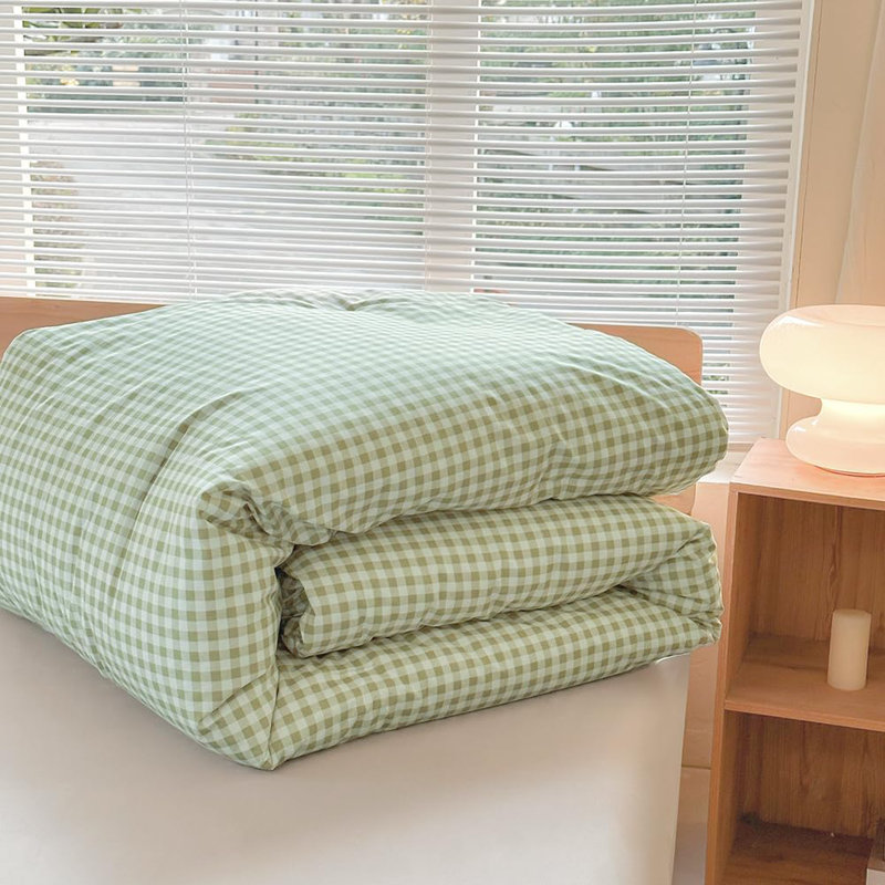 Ensemble d'édredon en microfibre prélavée Gingham, Vichy écossais vert, Édredon simple + 1 taie d'oreiller