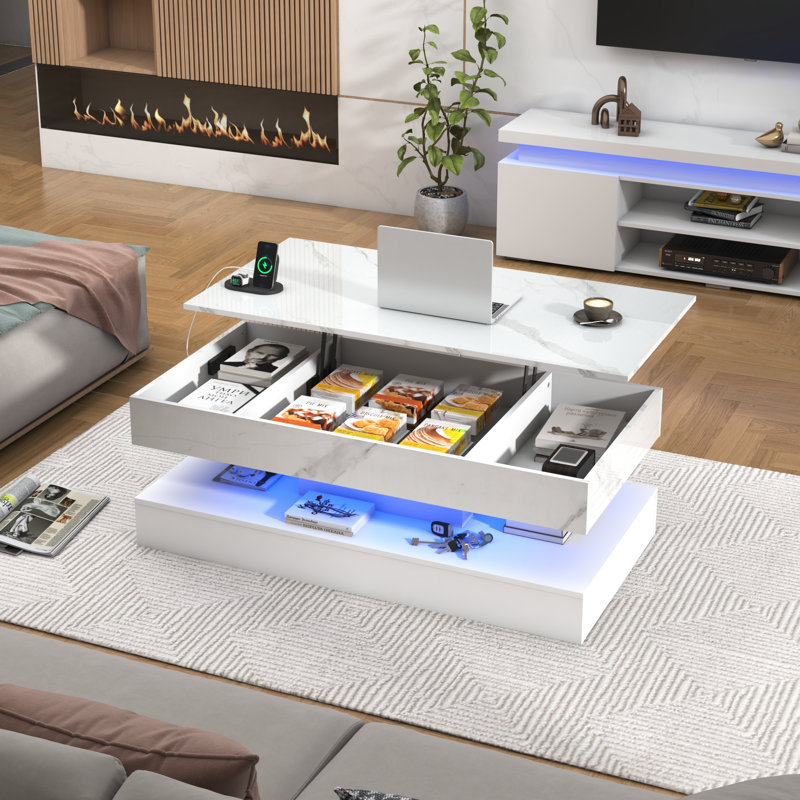 Table basse à plateau relevable de 47,3 po avec lumières DEL RVB APP, station de charge USB et CA, table de rangement haute brillance réglable en hauteur pouvant supporter 180 lb