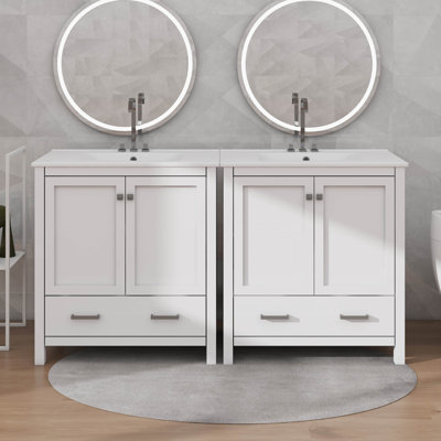 Ensemble de meuble-lavabo de 60 pouces avec lavabos doubles en céramique et tiroirs segmentés
