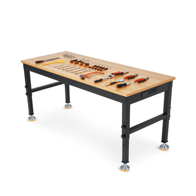 72in Heavy-Duty Adjustable Workbench Power Outlets, 2500 Lbs Rubberwood Top & Steel Frame for Garage