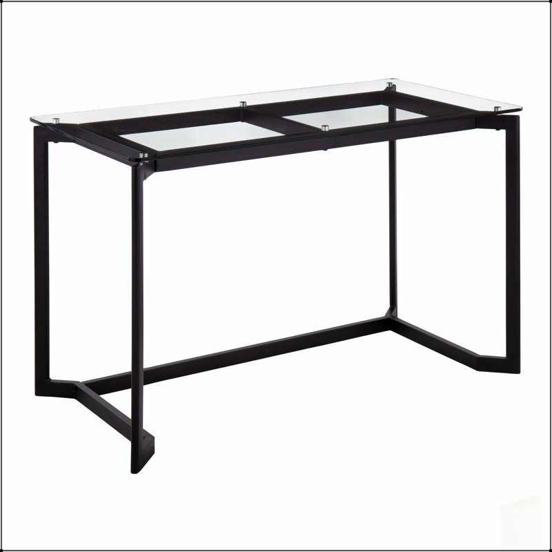 Bureau moderne avec cadre en acier noir élégant et plateau en verre trempé transparent, parfait pour un usage domestique et professionnel.