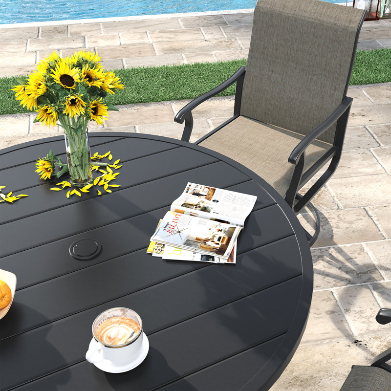4-Person Patio Dining Set with Metal Round Dining Table and PVC-coated polyester Swivel Chairs, Black/Brown