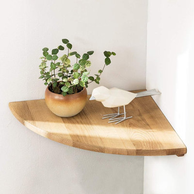 Tablette de coin flottante en bois de chêne massif fixée au mur avec trou en fil de fer pour petites plantes, photos, haut-parleurs - parfaite pour la chambre à coucher, la cuisine, le salon