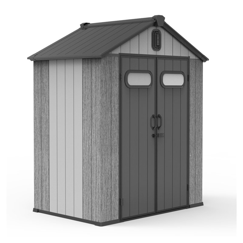Remise de rangement extérieure en résine 6 x 4 pi avec toit à pignon, remise à outils de jardin en plastique gris pour la cour et le patio, bâtiment utilitaire verrouillable résistant aux intempéries