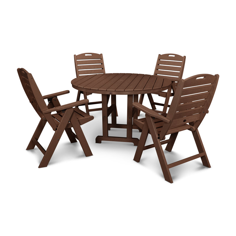 Nautical Folding Chair 5-Piece Round Farmhouse Dining Set, Mahogany