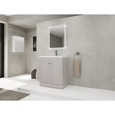 Meuble-lavabo autoportant avec lavabo en résine blanche et 2 portes d'armoire à fermeture en douceur