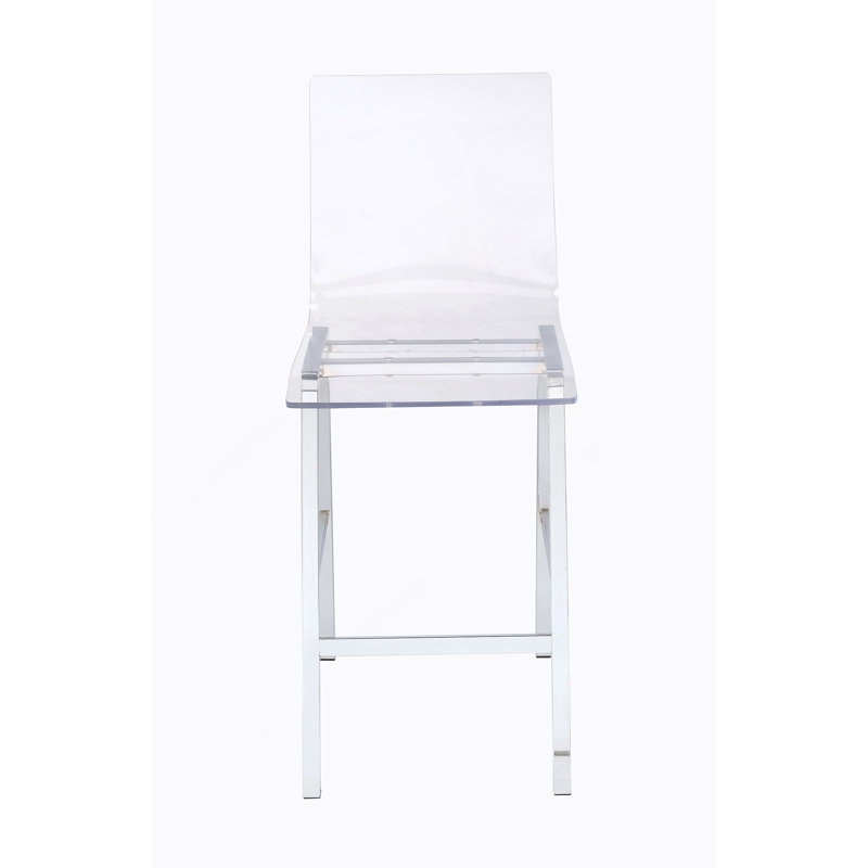Chaises de hauteur comptoir en acrylique transparent avec structure en métal chromé, conception sans accoudoirs moderne pour la cuisine ou le bar.