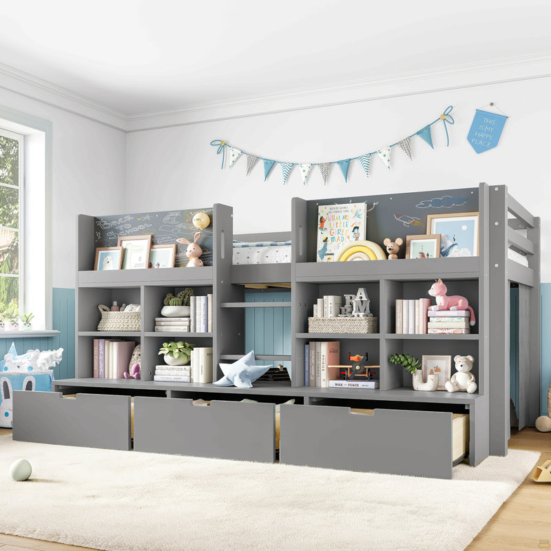 Lit mezzanine simple avec tablettes et rangements multiples, Gris, Lit simple