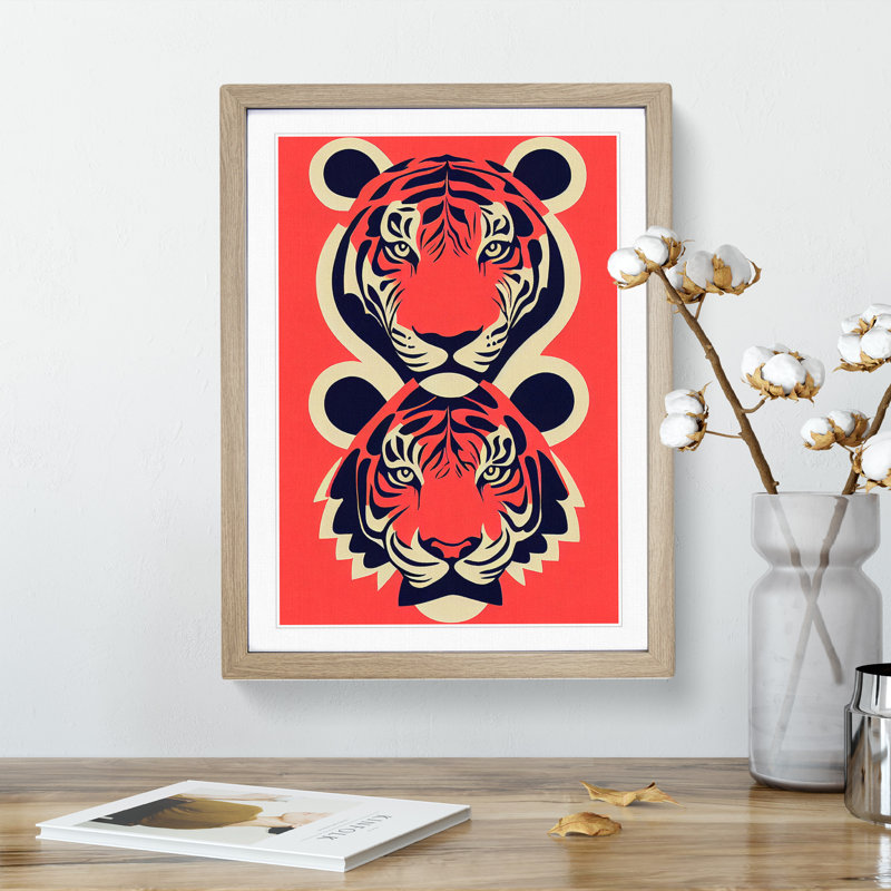 Two Tiger Heads - Wall Art, 66cm H x 48cm W, Oak Picture Frame, White