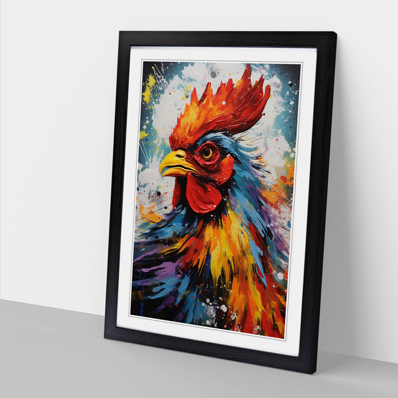 Rooster Action Painting - Single Picture Frame Print on Wood, Black, 46cm H x 34cm W x 2cm D