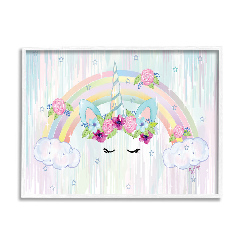 Unicorn Eyes Under Floral Rainbow Starry Clouds - impression, Giclée encadrée blanc bord de mer, H 16 po x l 20 po