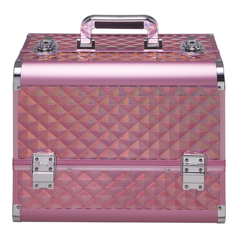 Pink Makeup Box Professional Cosmetic Organizer Aluminum Storage Box with 6 Trays, Pink