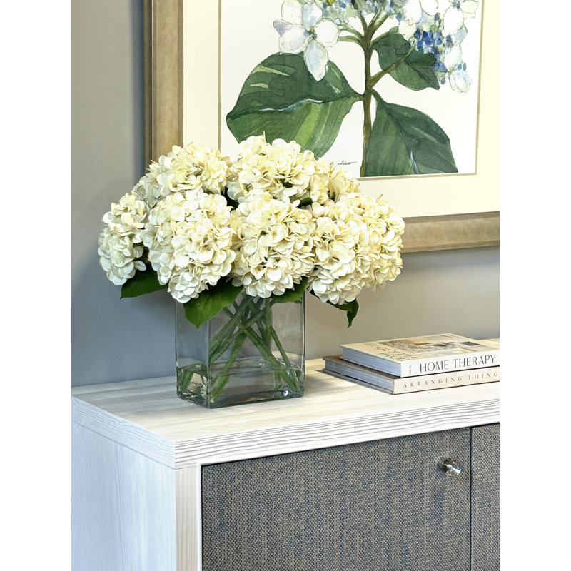 Hydrangea Bouquet In Bubble Glass Vase, Beige