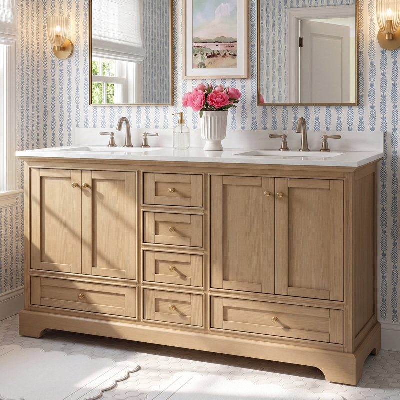 Varna 60'' Double Bathroom Vanity with Top, Oak/Rose Gold, Pure White Quartz