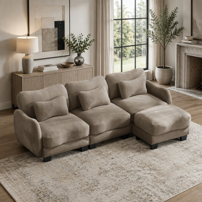Canapé en L Chenille avec 1 repose-pieds mobile, canapé modulaire surdimensionné à 3 places avec 3 coussins de taille exquise, conception ergonomique, canapé modulaire facile à assembler pour le bureau du salon