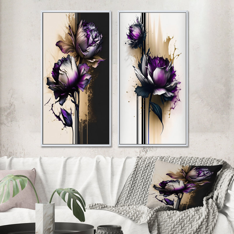 «Mauve fleur de dahlia sur abstrait II», 2 pièces sur toile, Cadre blanc, H 32 po x l 32 po