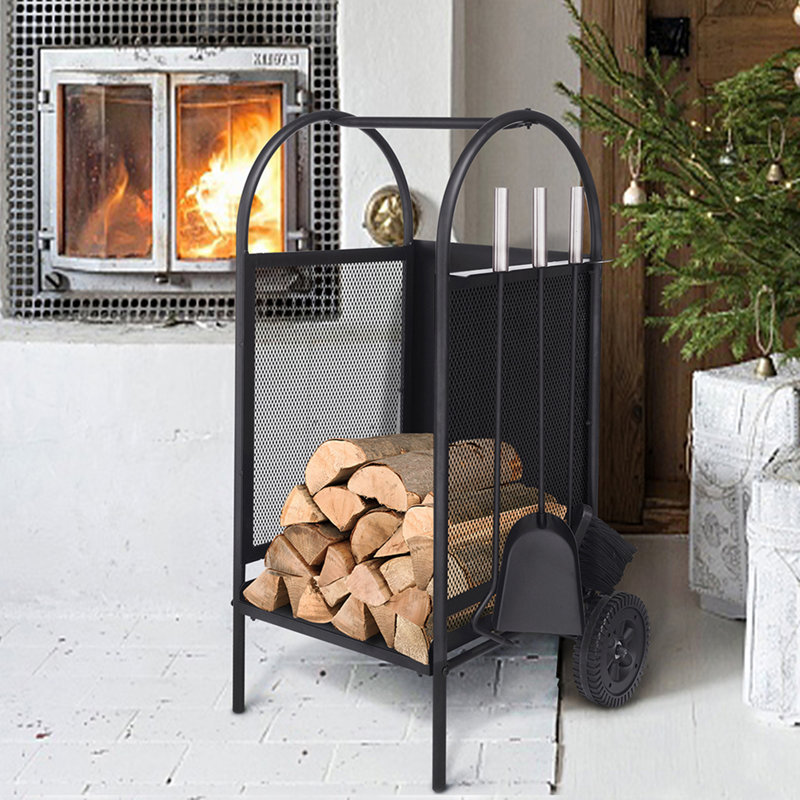 Firewood Rack Log Carriers With Wheels, 3Pcs Fireplace Tool Set