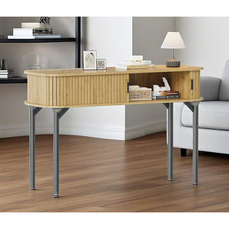 Console Table With Storage,wood Sofa Console Table With Sliding Door, Oak Wood
