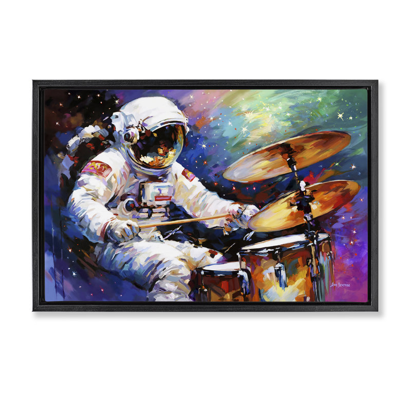 «Cosmic Drummer Musician», toile flottante encadrée par Leon Devenice, Cadre flottant noir de jais, H 21 po x l 31 po