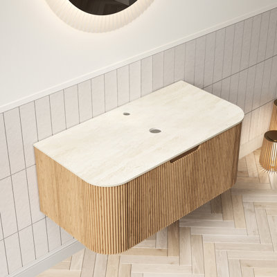 Armoire murale 36 po avec 1 tiroir, plateau en pierre frittée romaine, couleur de bois naturel, ton beige, fabrication en contreplaqué, bonne résistance à l'eau, texture rayée 3D sur la poignée rainurée - un seul