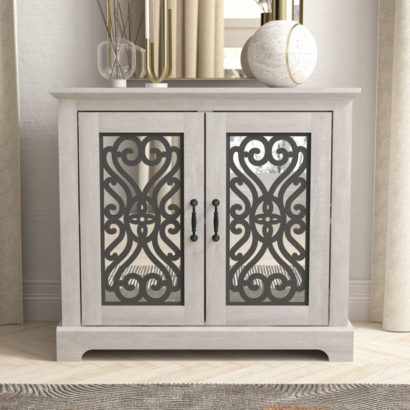Ariba 29.3"H Traditional Decorative Cutout 2-Door Accent Cabinet, Dusty Gray Oak, Arabesque