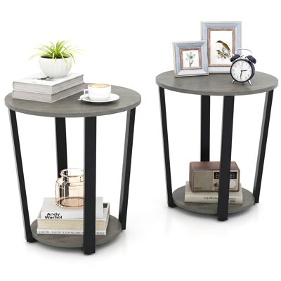 2 PCS 2-tier Round Side Table, Home Accent Table with Storage Shelf, Metal Frame Gray Oak