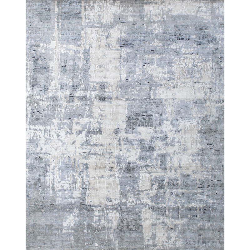 Tapis argenté et bleu clair noué à la main de haute qualité