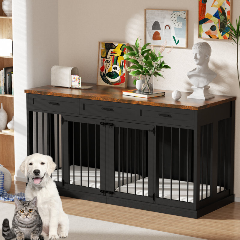 NEBZHASK 63'' Large Double Dog Crate Kennel Furniture with Divider and 3 Drawers for 2 Medium Animals Indoor, Black